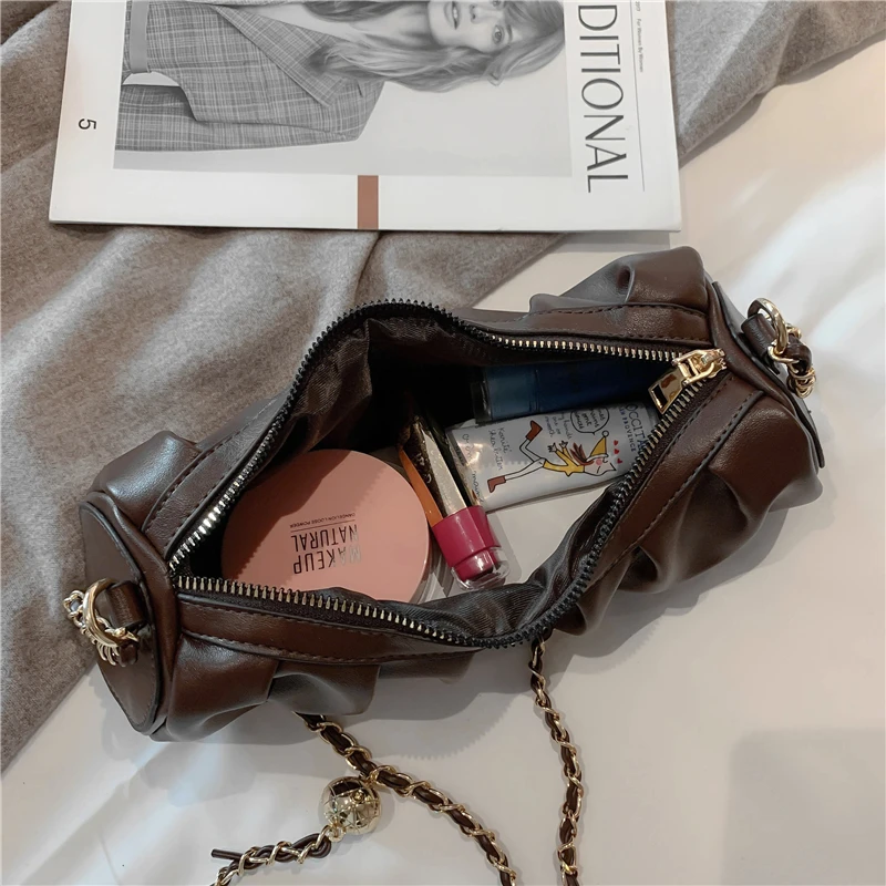 

Fancy Small Cylinder Chain Crossbody Bags For Women Novelty Design Ruched PU Leather Female Shoulder Bags Pillow Girl Purse 2021