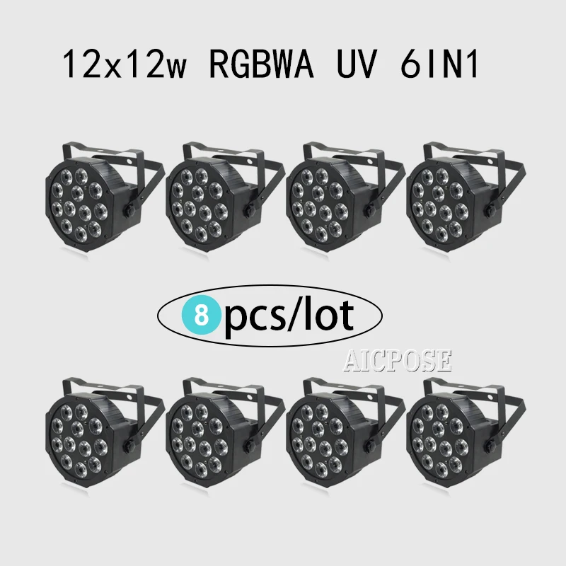 8 шт./лот 12x12 Вт светодиодный прожсветильник Тор Par s RGBWA UV 6 в 1 плоский прожектор par 64
