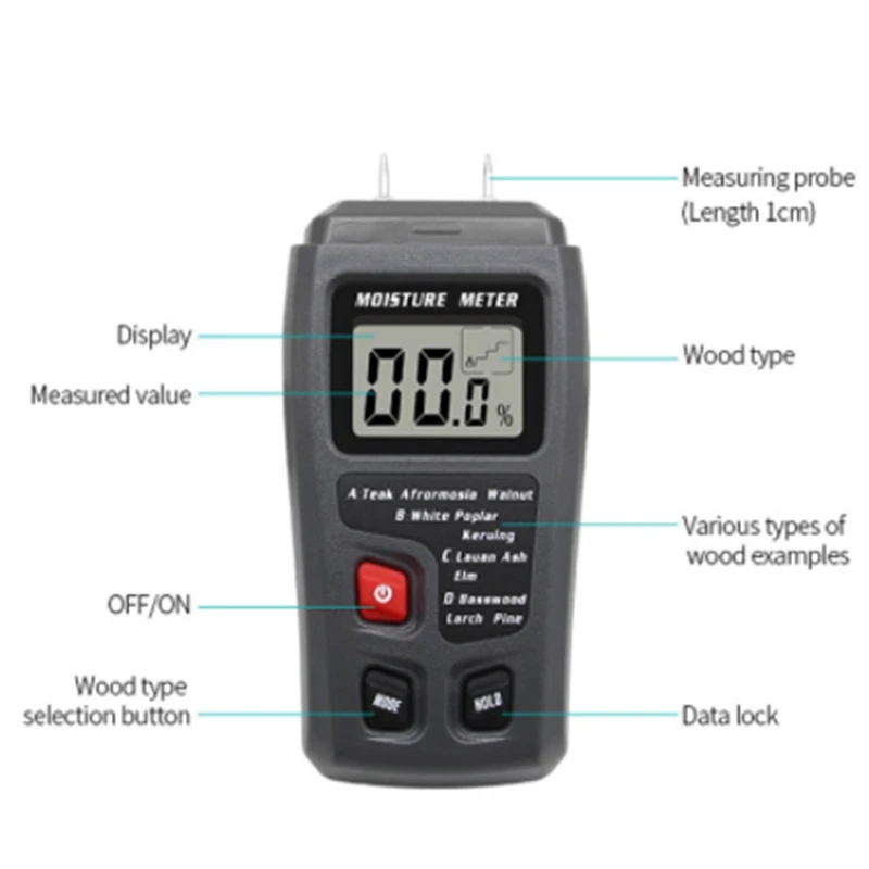 

EMT01 0-99.9% Two Pins Digital Wood Moisture Meter Wood Humidity Tester Hygrometer Timber Damp Detector LCD Display