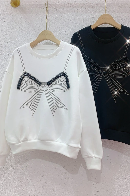 

2020 Autumn Winter New Hot Rhinestone Beaded Bow Space Cotton Hoodies Solid Color Hoodie Female Loose Casual Pullover Jumper Top