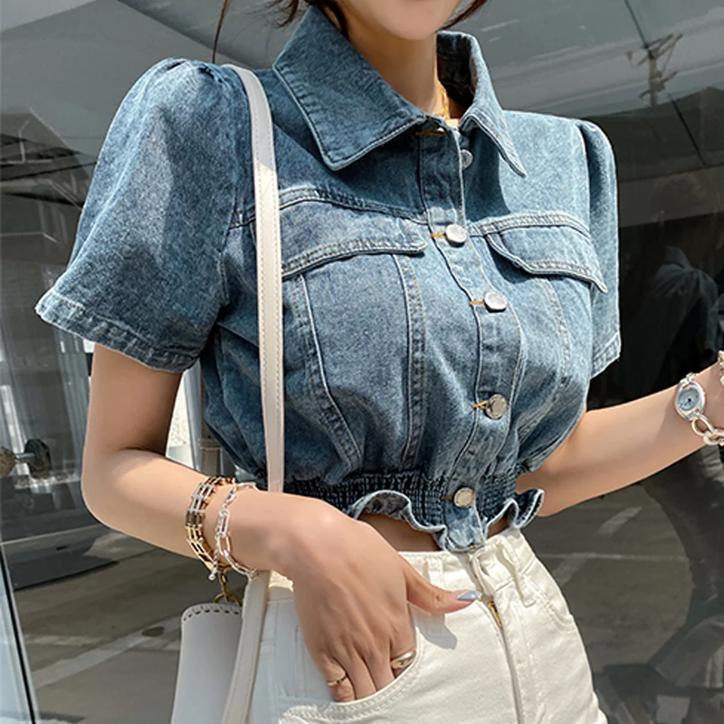 

Women's Lapel High Waist Slim Casual Bomber Jackets 2021 Denim Jacket Summer Bolero Jean Single-Breasted Cropped Tops Short Coat