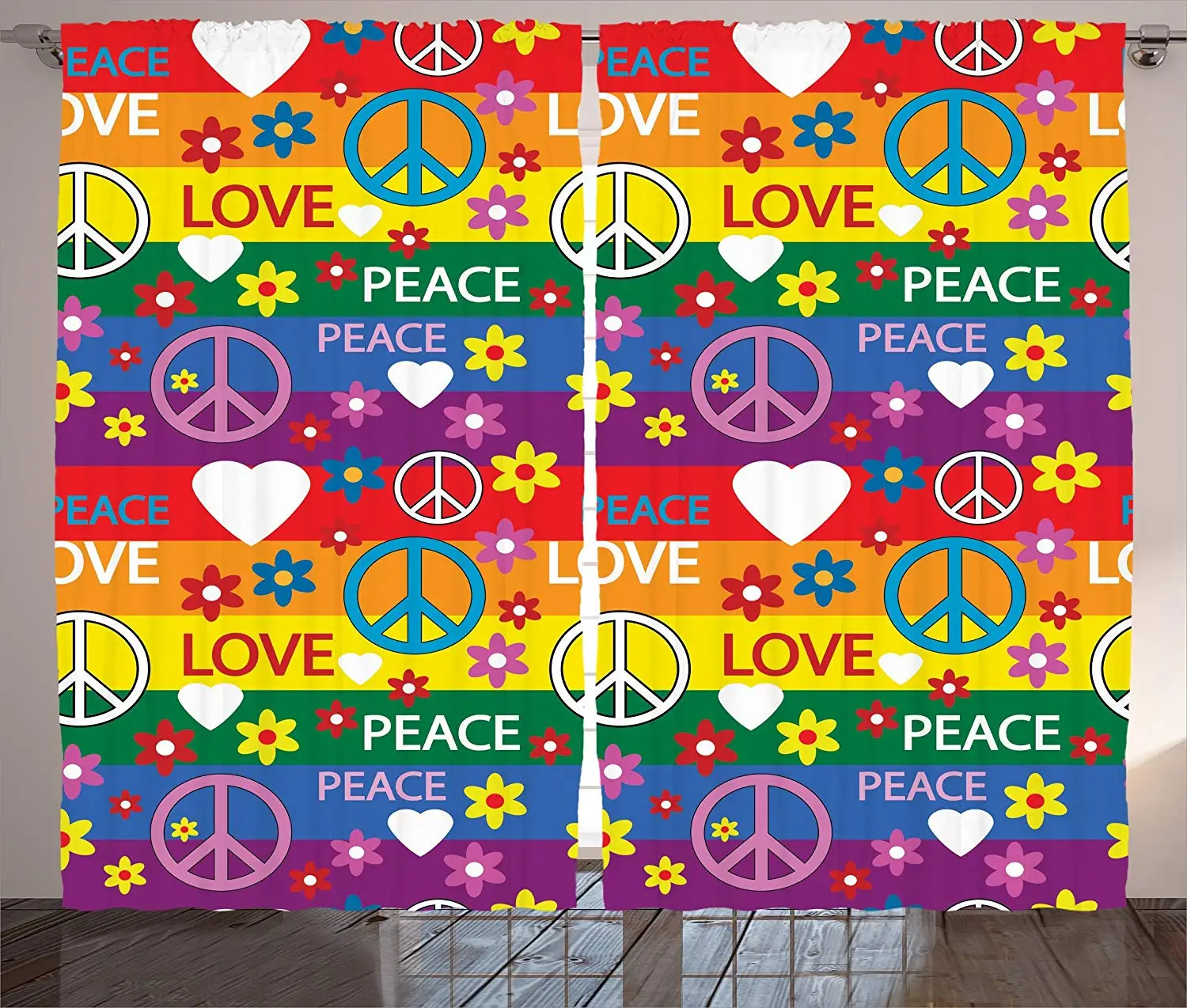 

Groovy Decor Blackout Curtains Heart Peace Symbol Flower Power Political Hippie Cheerful Colors Festival Joyful Window Decor