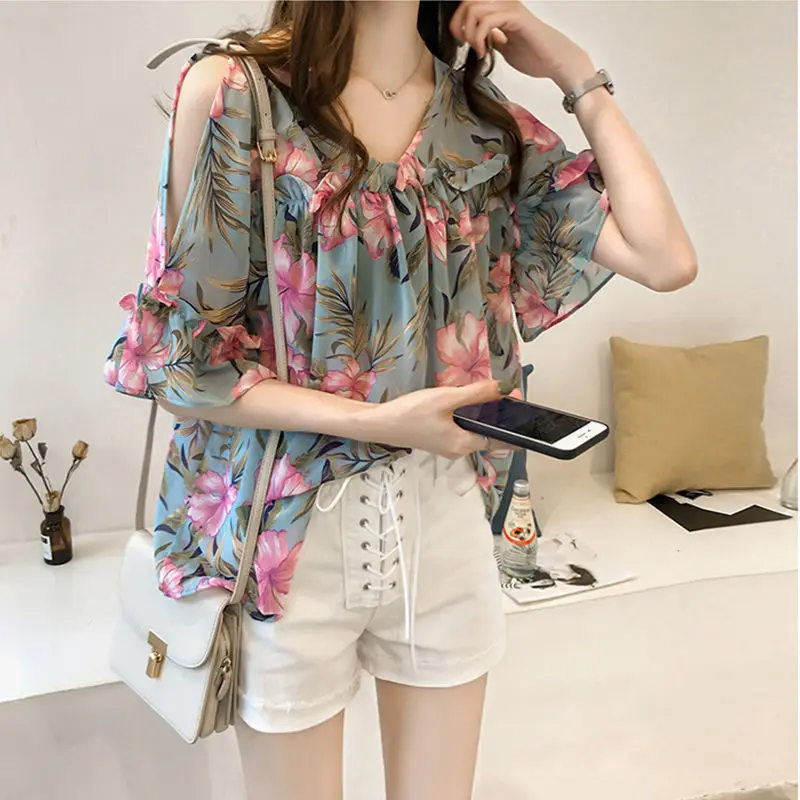 

Fat mm Skinny Shoulder-off chiffon shirt Loose Belly Top Size Women's Summer New Short Sleeve V-Neck Backing Shirt