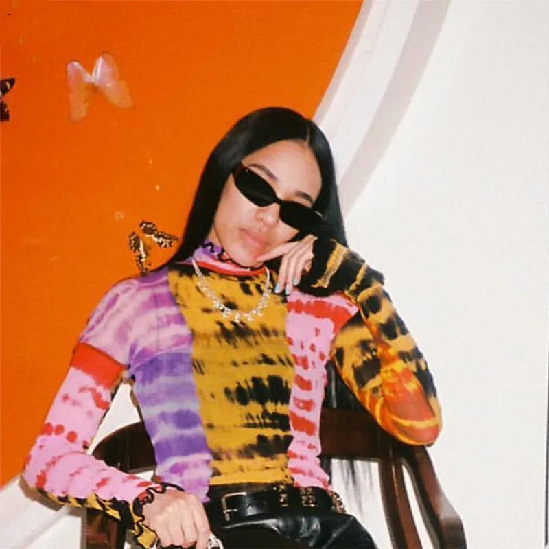 

Футболка женская в полоску, модный пикантный топ в стиле пэчворк, с длинным рукавом, с оборками, укороченный топ, вечерняя Клубная одежда для...