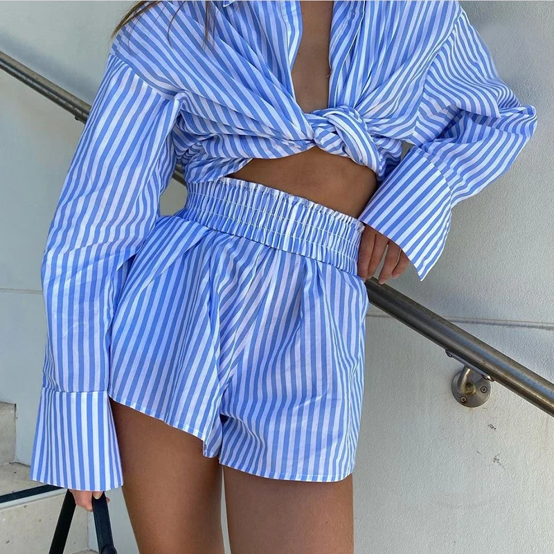 

Elegant Solid Women Two Piece Set Summer Short Sleeve Shirt Top + Drawstring Shorts Homewear Suit Spring Button Sexy Lady Outfit