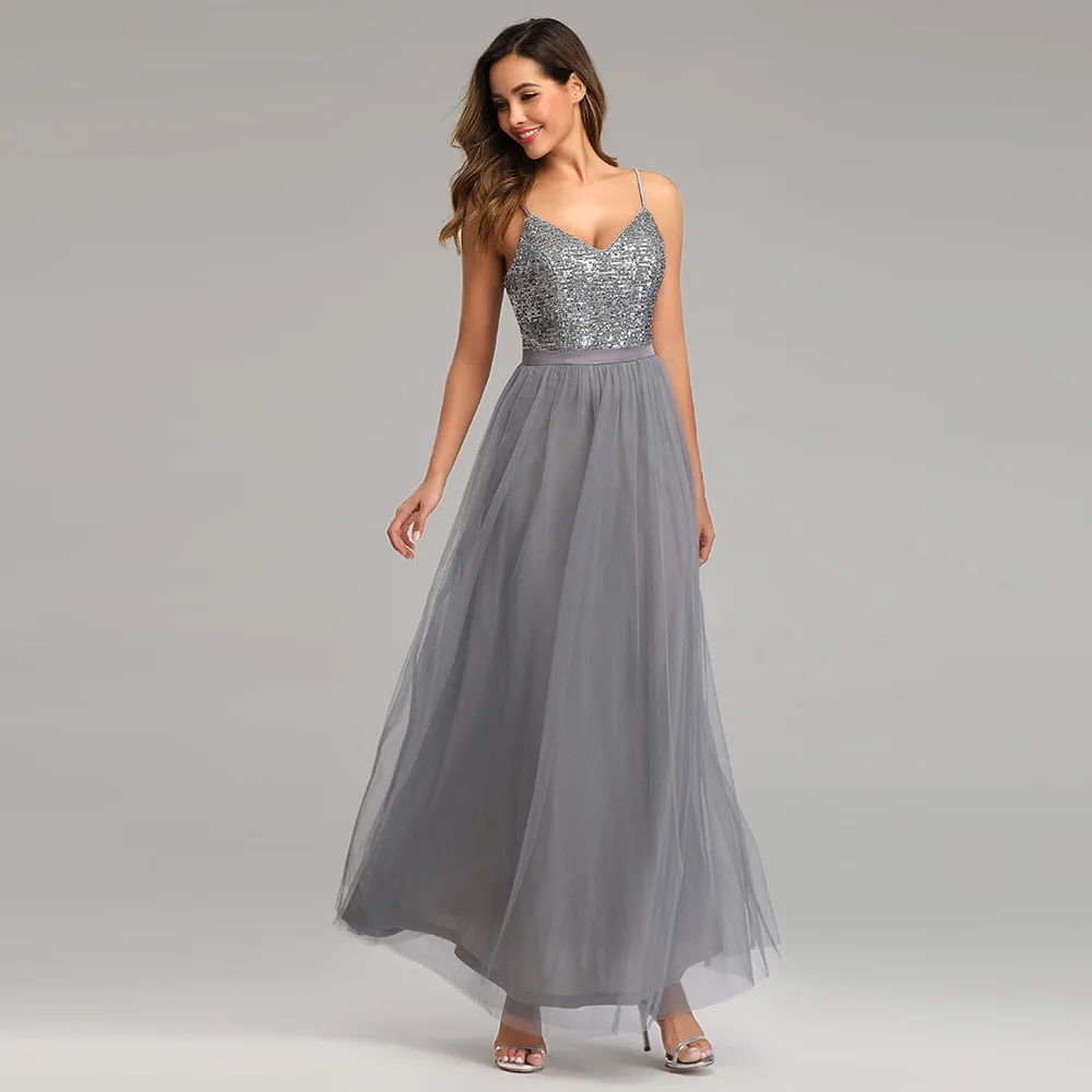 

New Women Long Party Dress Pearl Mesh Stitching Sling Dress Women's Formal Dress Plus Size S-4XL