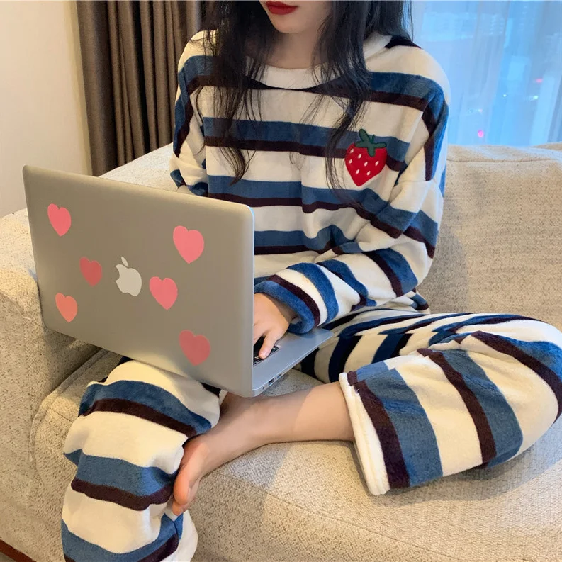 

Женская Фланелевая пижама в полоску, можно носить два комплекта теплой одежды на осень и зиму, весну и осень, брюки с длинным рукавом