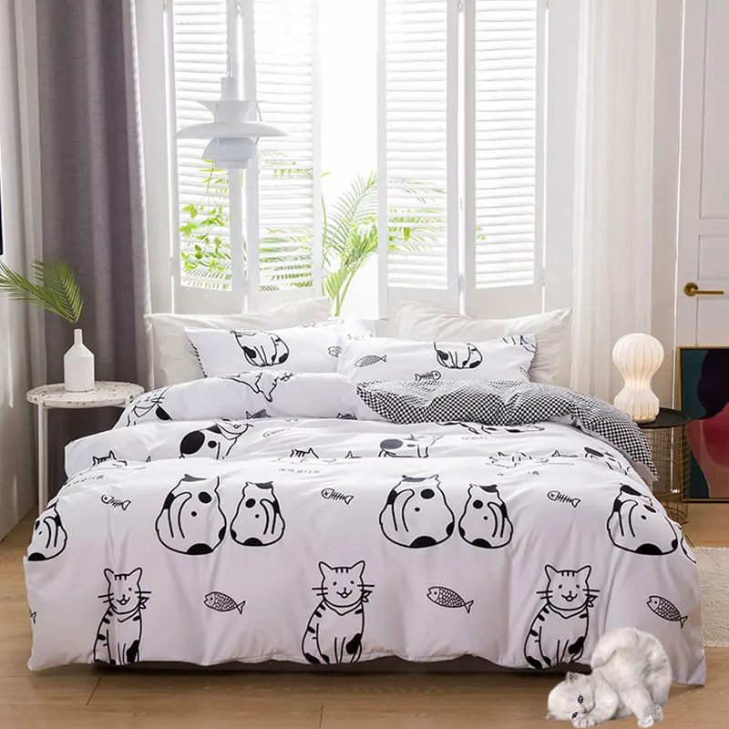 

European FashionBedding Set Dormitory Quilt Cover Cartoon Cat Print Double Bed Duvet Cover Pillowcases For Bedroom Home Textile
