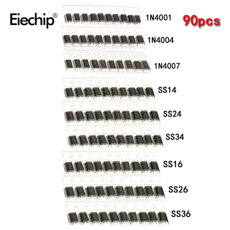 90 шт. диод schottky SMA 1N4001 1N4004 1N4007 SS14 SS24 SS34 SS16 SS26 SS36 SMD Комплект печатной платы IC