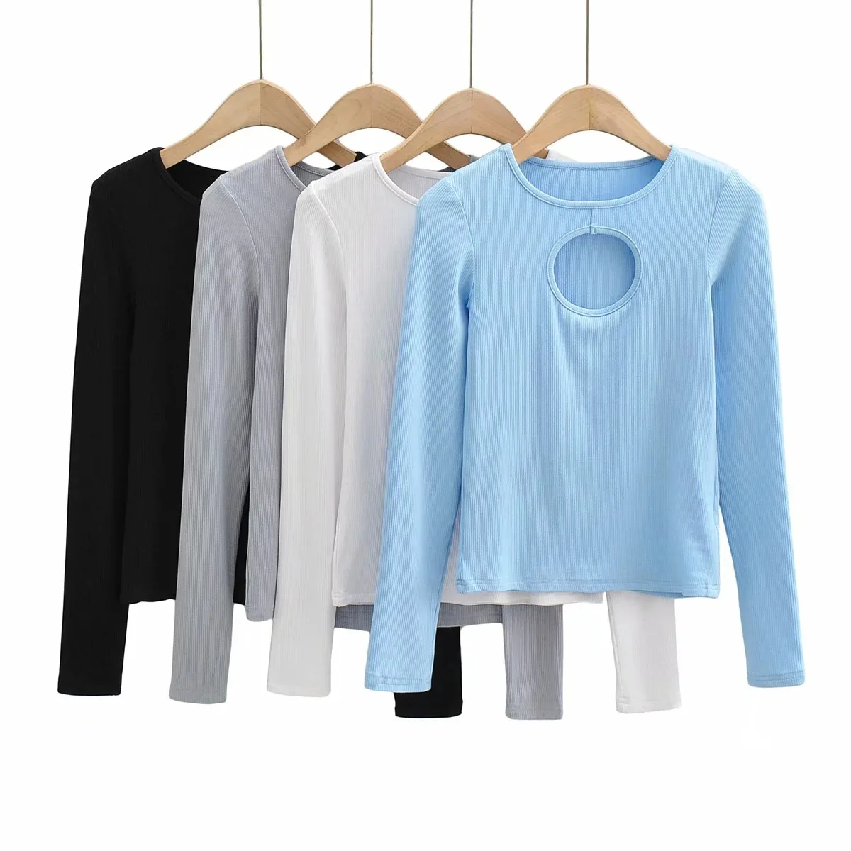 

Fashion sexy chest hollow out long sleeve T-shirt Korean women's 2021 new elastic thread base shirt womens athletic shirts