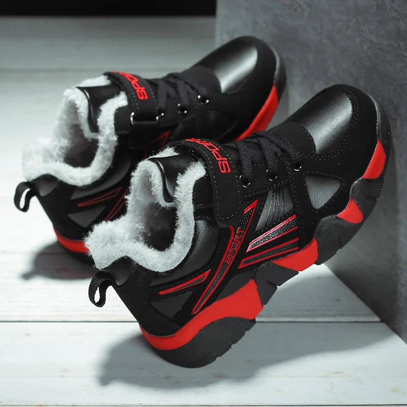 

Модные детские кроссовки, детская спортивная обувь для улицы, зимние плюшевые теплые теннисные кроссовки для мальчиков, кожаные Нескользящ...