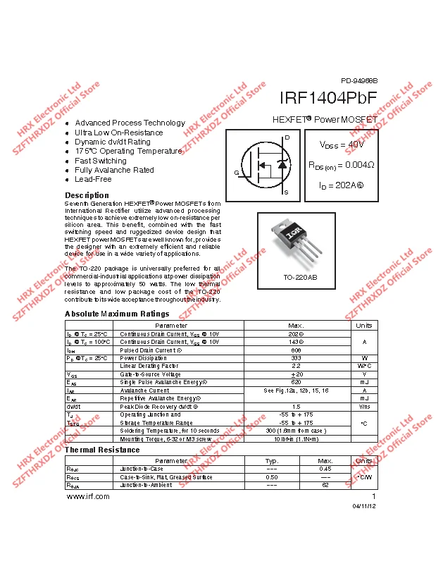 IRF1404PBF TO220 IRF1404 TO-220 50 шт./трубка 162A 40 В(10 шт