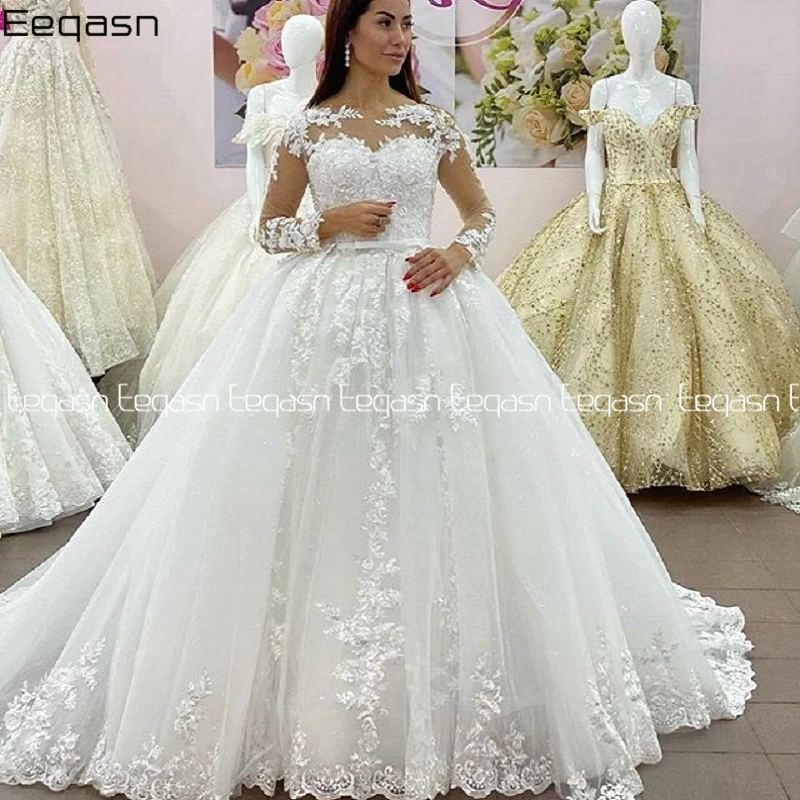 

Новое свадебное платье Eeqasn со съемным шлейфом 2 в 1, сексуальное кружевное платье с длинным рукавом, винтажное свадебное платье