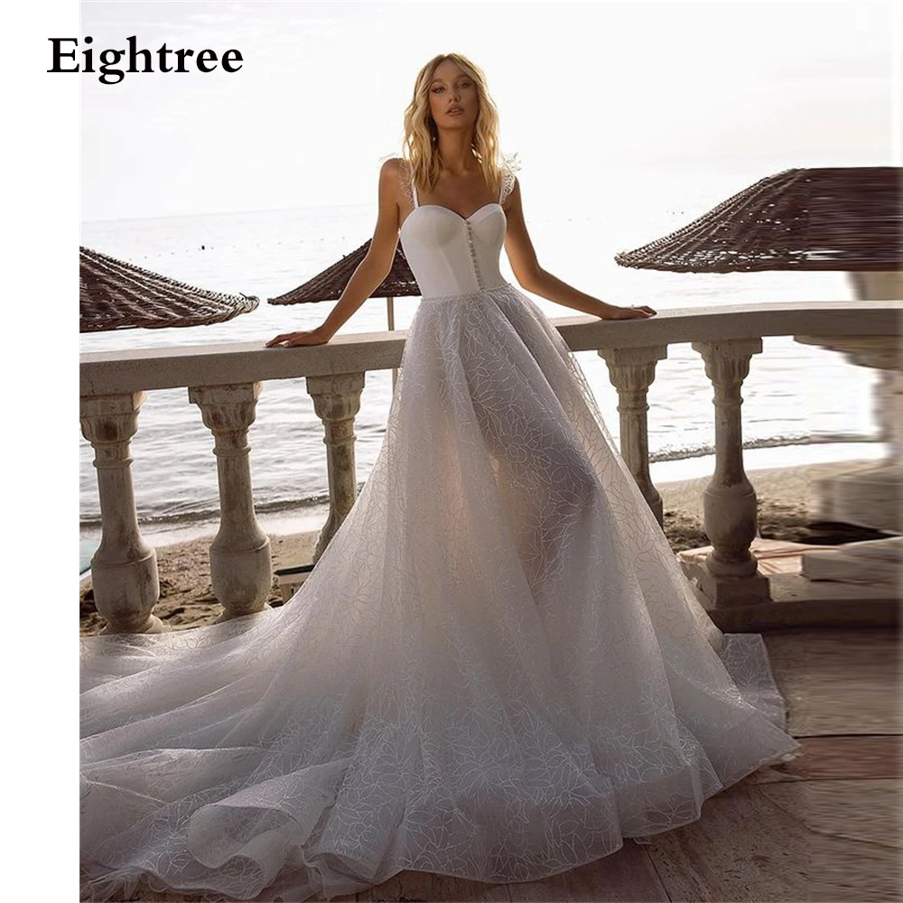 

New Sweetheart Long Tulle A Line Perals Lace Flower Wedding Dress Spaghetti Straps Gowns Bridal Marriage Gowns Party Dresses