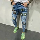 Летние высокие эластичные облегающие джинсы, Мужская свободная уличная одежда, джинсы с потертостями в стиле хип-хоп, мужские байкерские джинсы-карандаш с вышивкой