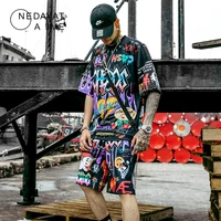 men graffiti cartoon printed sets hip hop shortst shirt suits fashion high street tees summer streetwear joggers short trousers