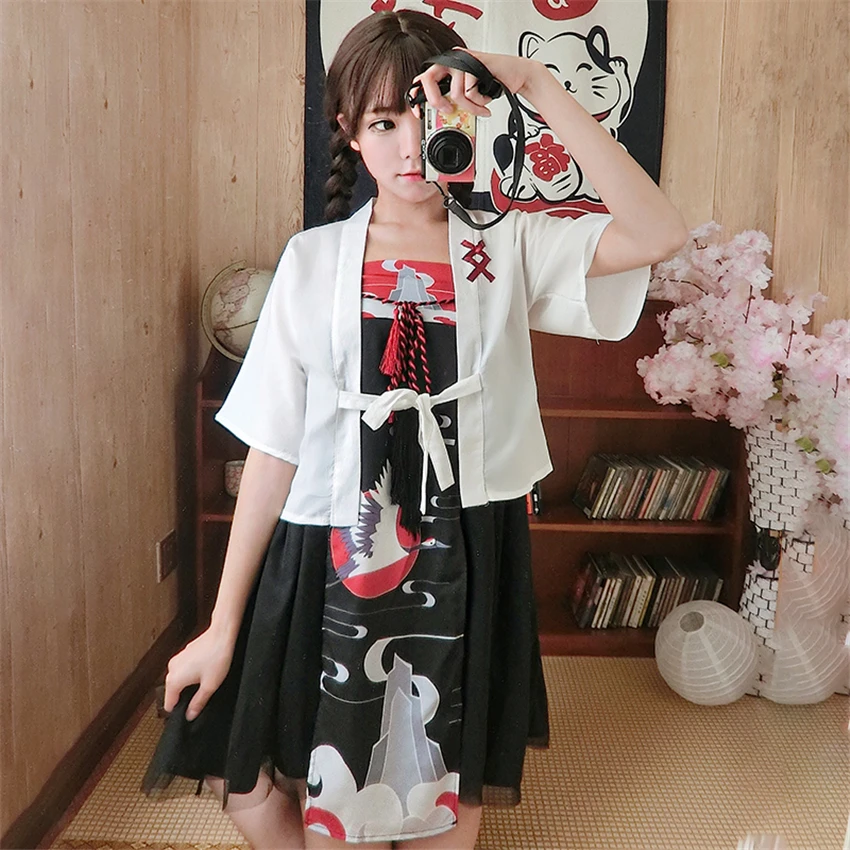 Женское кимоно с принтом журавлей летнее праздничное платье в японском