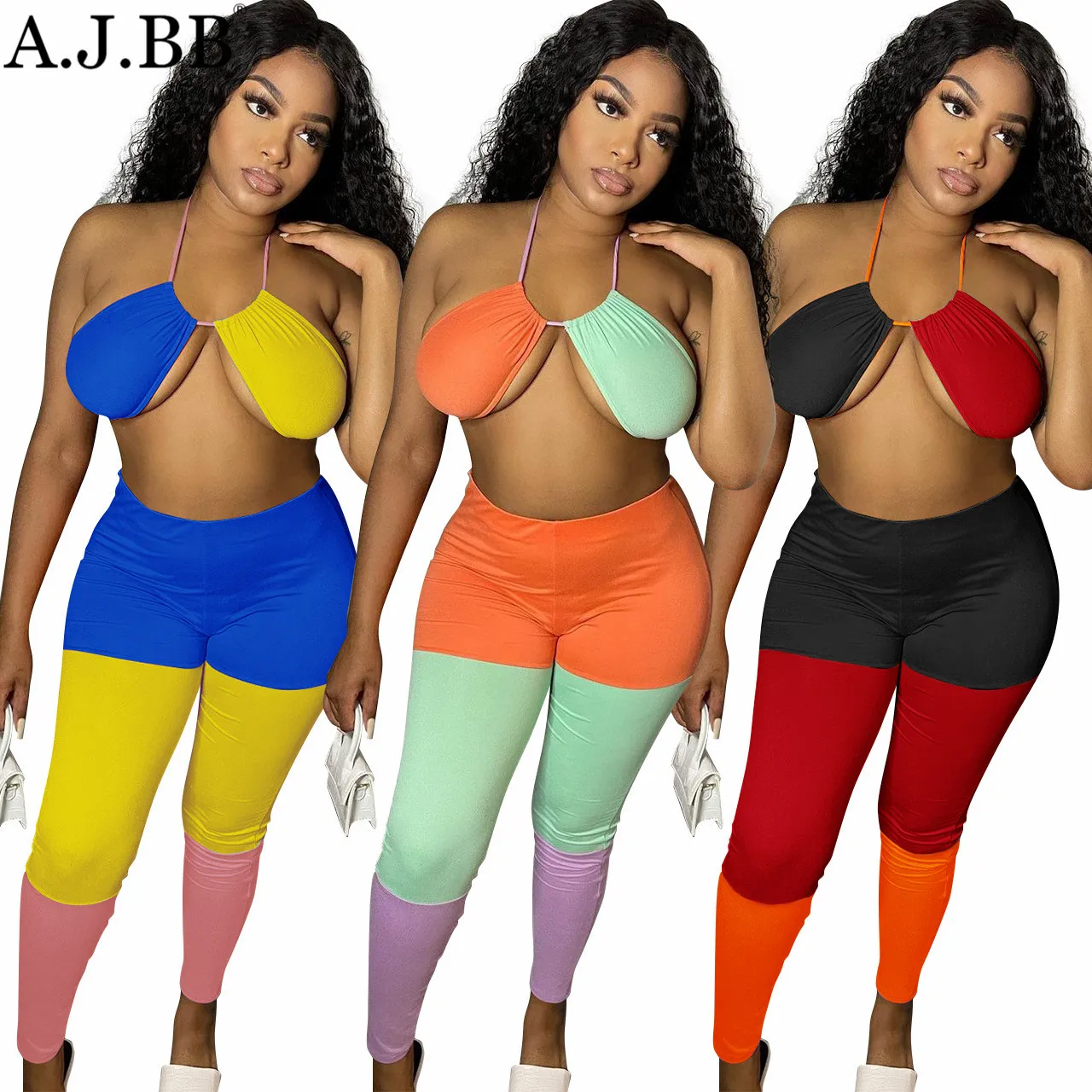 

2021 summer new sexy multi color stitching slim fit two piece fashion sleeveless bra and pants women's suit
