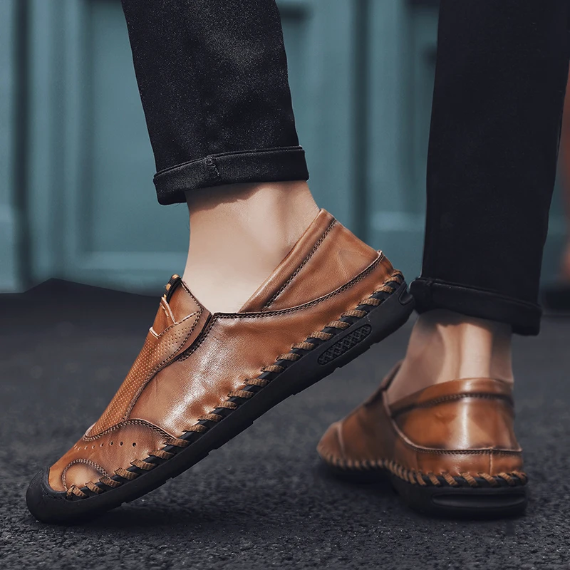 Мужские кожаные повседневные туфли удобные слипоны лоферы мужские для вождения