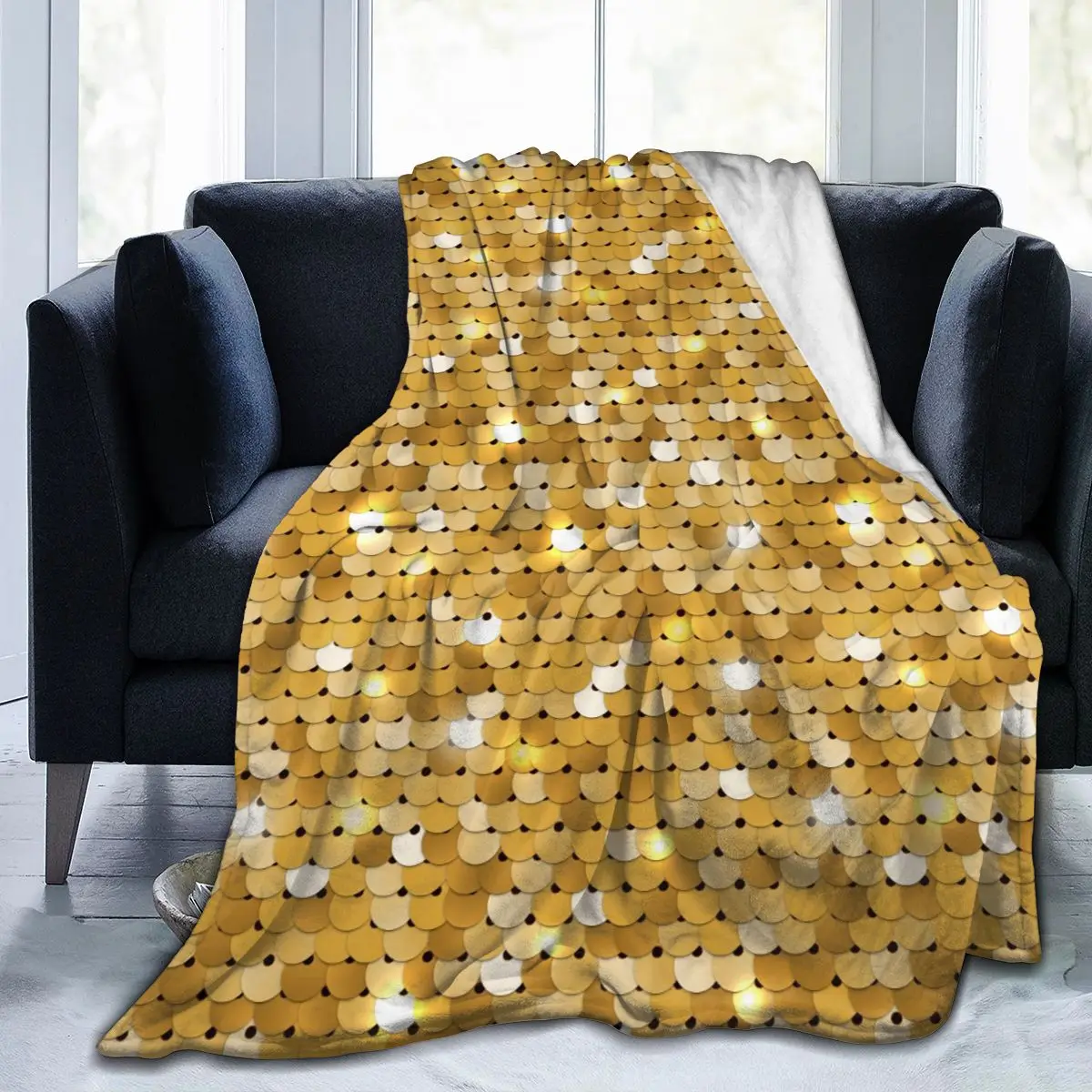 

Soft Warm Fleece Blanket Sequined Golden Scale Winter Sofa Plaid Throw 3 Size Light Thin Mechanical Wash Flannel Blankets