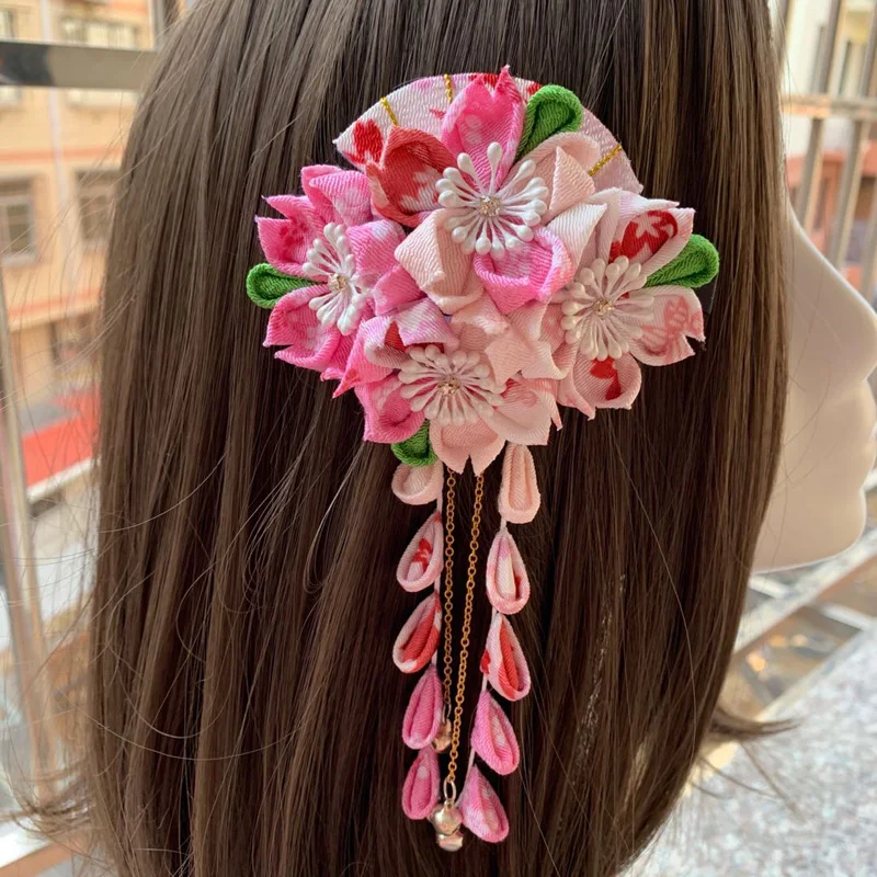 

Hairpin Japanese kimono Yukata Headdress Crinkle cloth Sakura Hair Clip DIY Cosplay Hanfu Tassel Tsumami zaiku Handmade Kanzashi