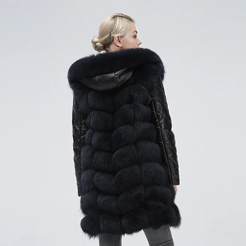 Natural New Genuine Fur Fox Vest  Long Fox Fur Sheepskin Hat Coat Sheep Skin Demolished Sleeves Can Detachable Jacket
