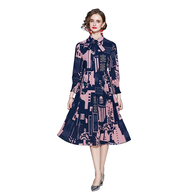 

2021 Newest Fashion Runway Summer Girl Midi Dress Women Long Sleeve Multicolor Floral Print Vintage Female Pleated Holiday Dress