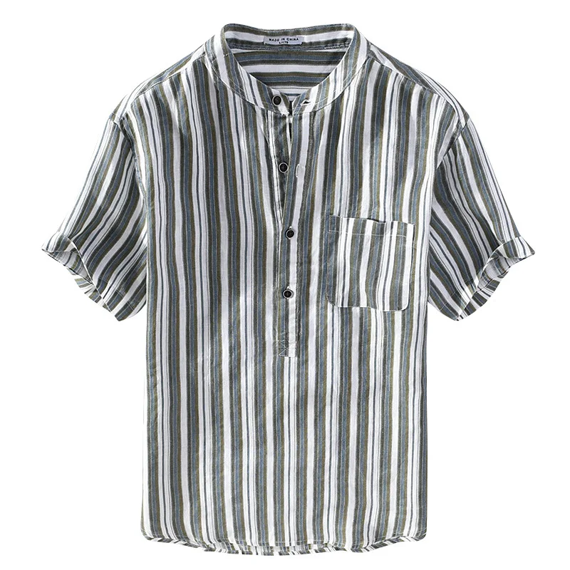 

2021 Men's New Linen Printed Striped Shirt Casual Youth Stand Collar Short Sleeve Summer Linen Shirt