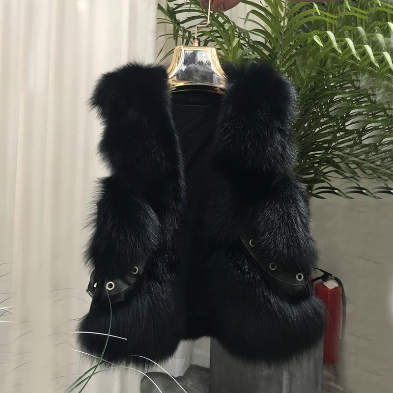 ZDFURS* из натурального меха лисы жилет короткий без рукавов Vestwoman зимние теплые натуральный меховой жилет натуральным лисьим мехом Меховая куртка лисий мех пальто - Цвет: black
