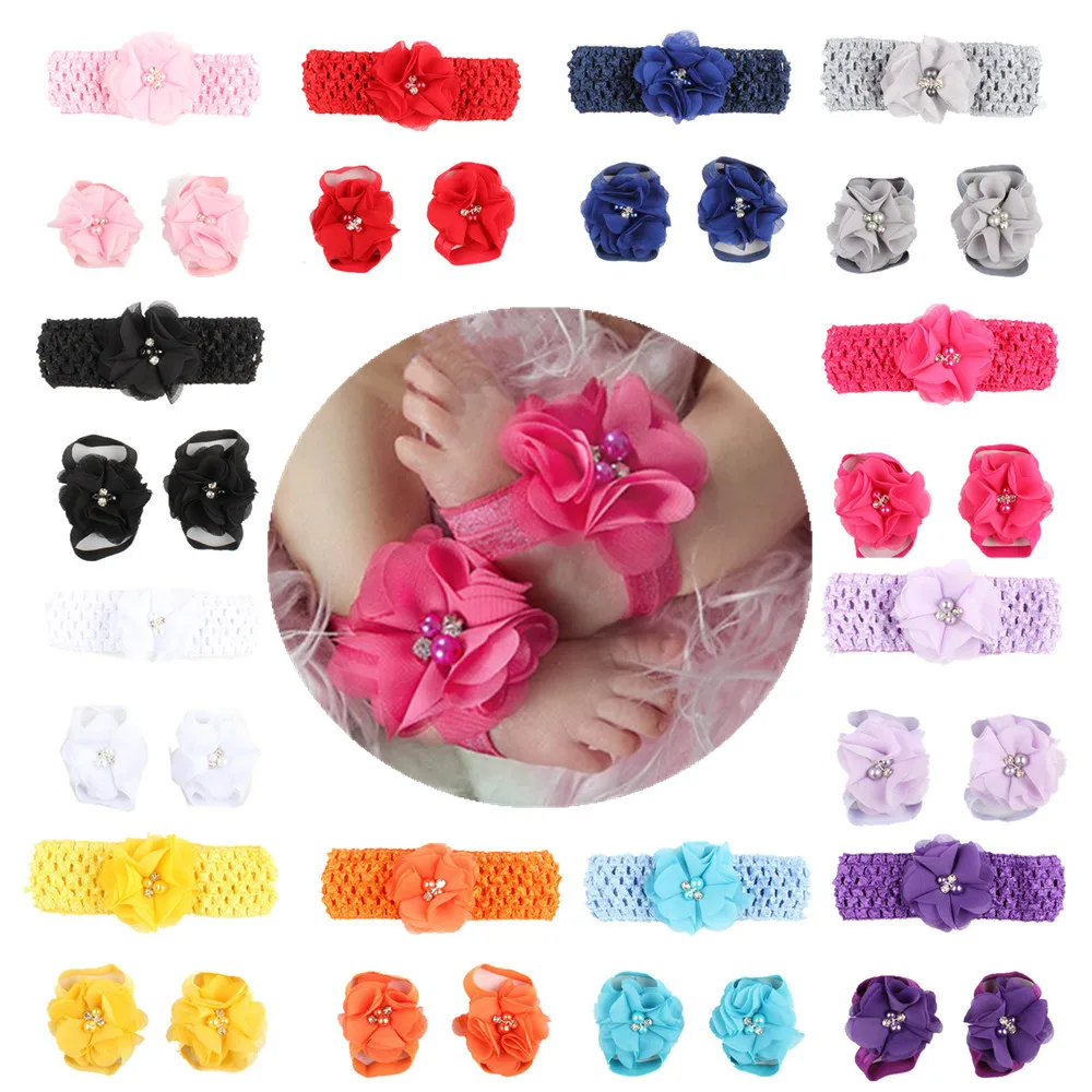 

Handmade Knitted Newborn Baby Girls Headband and Flower Barefoot Sandal Shoes Set One Hundred Days Baby Photography Props