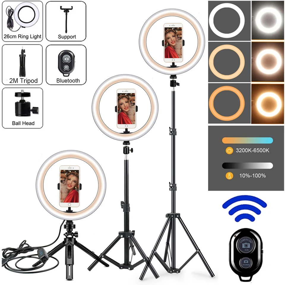 

26cm Selfie Ringlight Photography Lighting Led Makeup Dimmable Fill Lamp Ring Light with Tripod Phone Trepied Stand Youtube Live