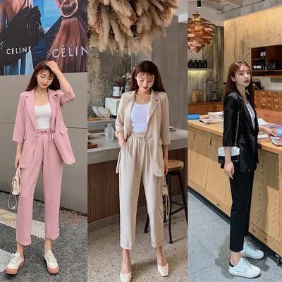 

2020 Summer Office Two Piece Blazer Sets Women Single Button Blazer + Elastic Waist Ankle-length Pants Suits Fashion Korean Sets