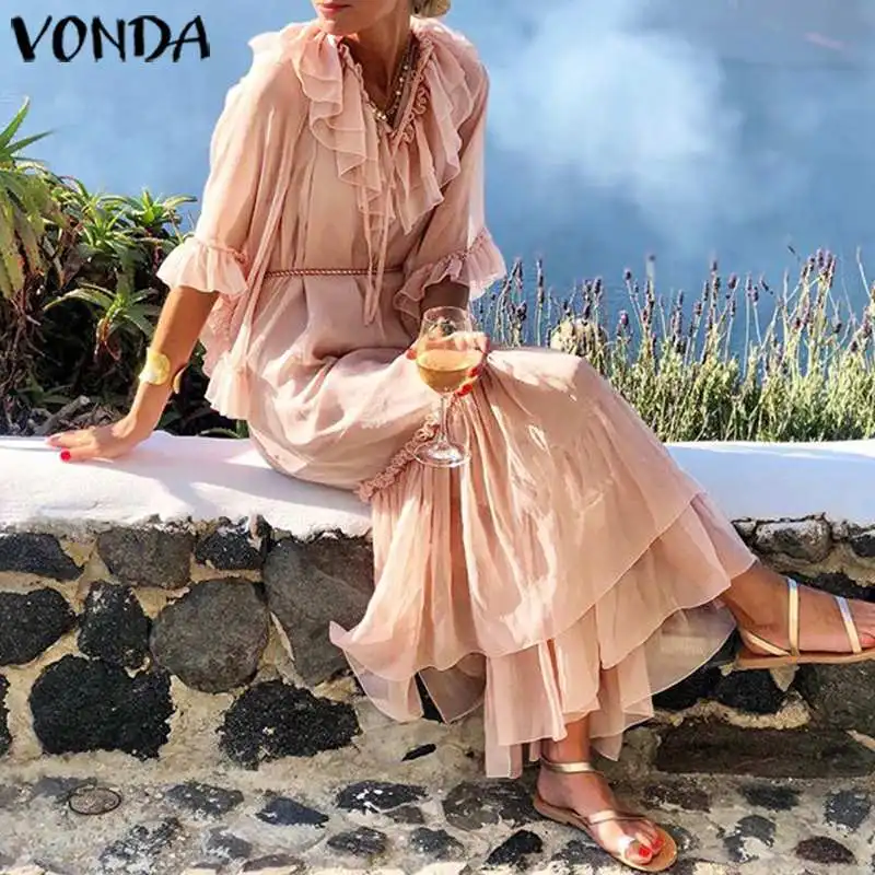 VONDA Макси платье для беременных, сексуальное платье с v-образным вырезом и коротким рукавом, однотонные платья, пляжный сарафан, праздничное богемное платье, Vestidos Femme Robe