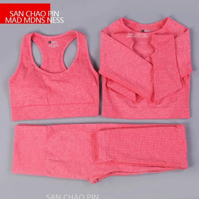 

Женский бесшовный комплект, спортивные костюмы для фитнеса, одежда для спортзала, укороченный топ с длинным рукавом, леггинсы с высокой тал...