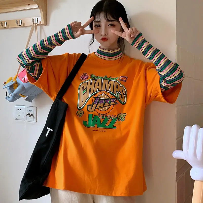 

Rainbow Patchwork T-shirt Long Sleeve Autumn Female Harajuku Orange T Shirt Hip Hop Vintage Tee Tops White High Street Tees
