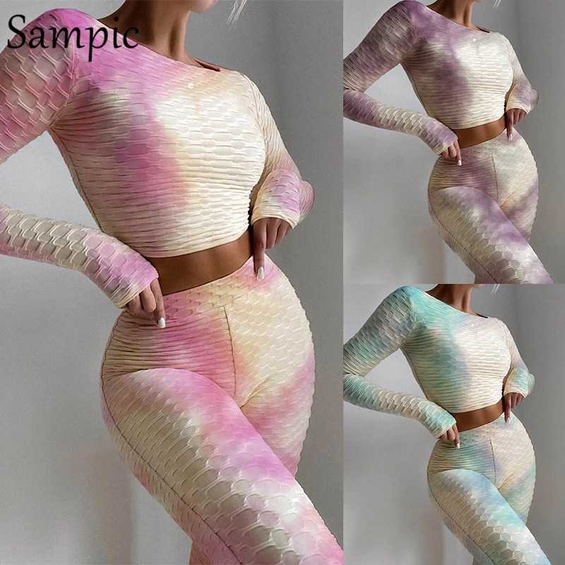 

Sampic 2021 Sport Tracksuit Tie Dye Sexy Women Pants Set Long Sleeve Shirt Tops And Biker Bodycon Pants Two Piece Set 2021