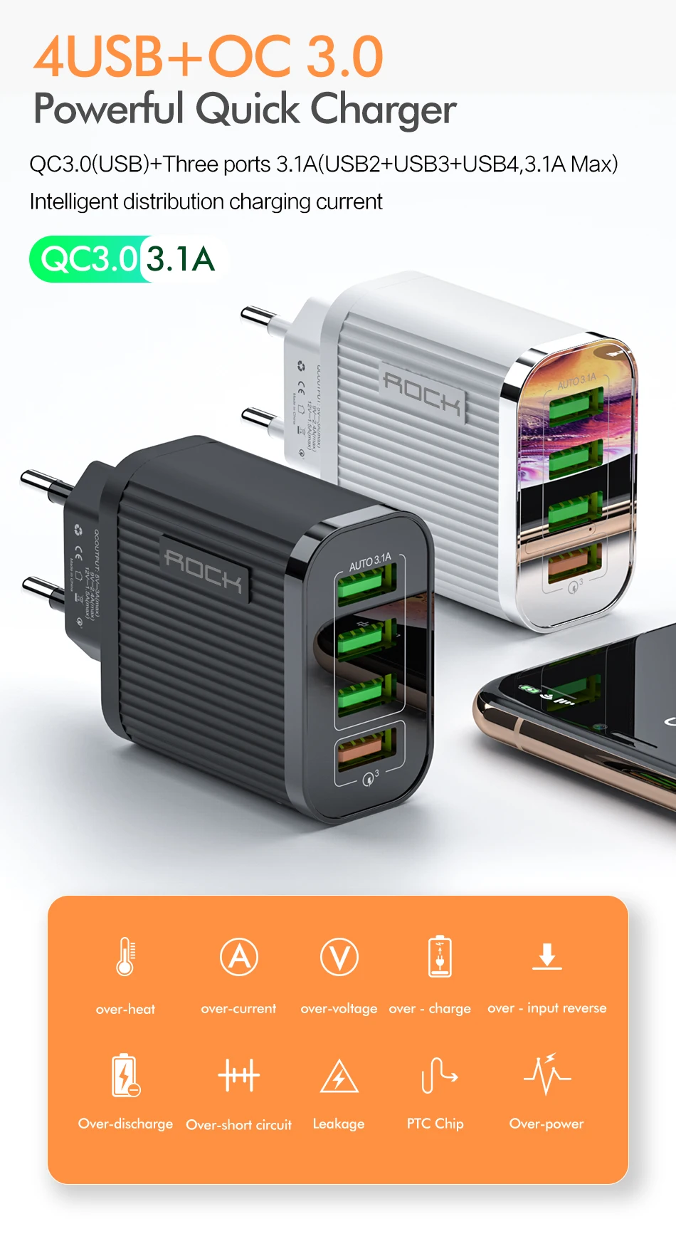 ROCK Quick Charge 3,0 зарядное устройство для телефона 4 порта USB 35 Вт QC 3,0 быстрое зарядное устройство для iPhone 11 Xiaomi huawei настенное зарядное устройство адаптер