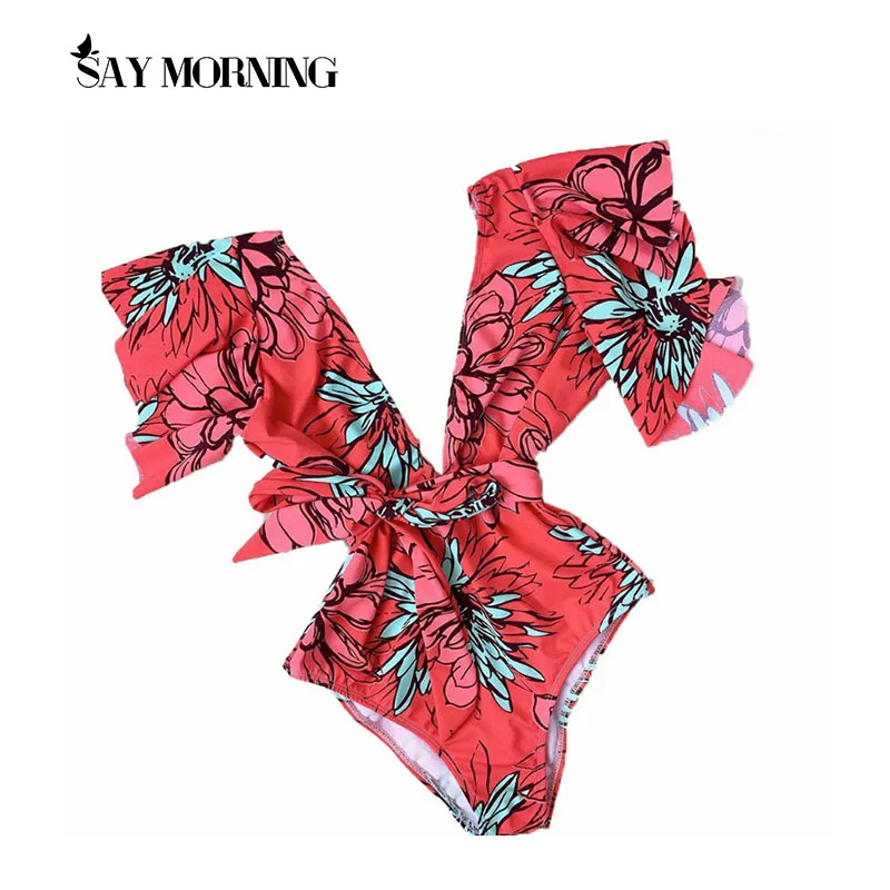 

SAY MORNING New Sexy Ruffle Print Floral One Piece Swimsuit Off The Shoulder Swimwear Women Solid Deep-V Beachwear Bathing Suit