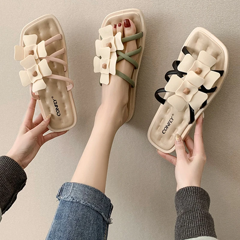 

Slippers Female Summer Wear 2021 New Net Red Ins Outdoor Beach Roman Sandals And Slippers Fashion Flowers Flip Flops