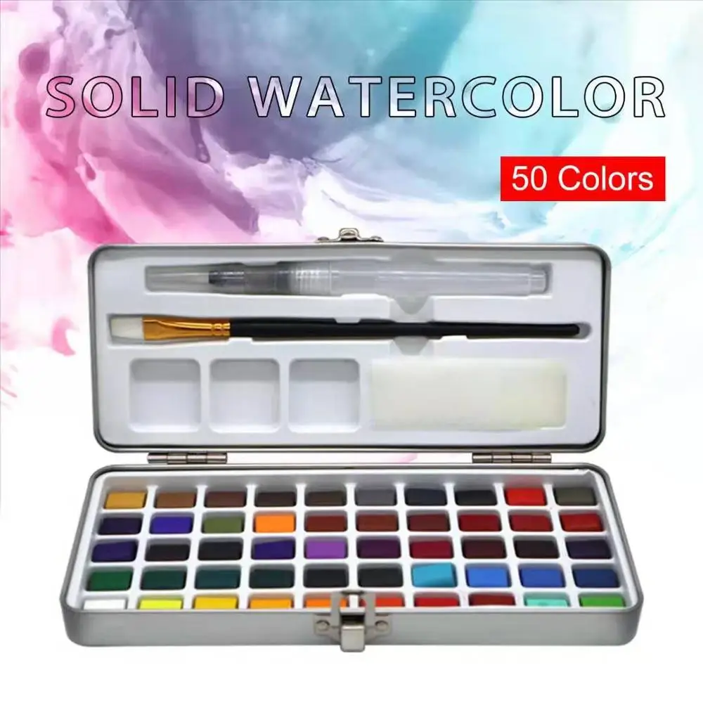 SeamiArt 50Color Solid Watercolor Paint Set Portable Metal Box Watercolor Pigment for Beginner Drawing Watercolor Paper Supplies