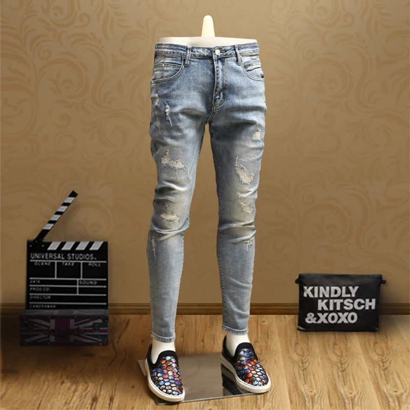 Уличная одежда для мужчин s Узкие рваные джинсы светильник синие легкие брюки
