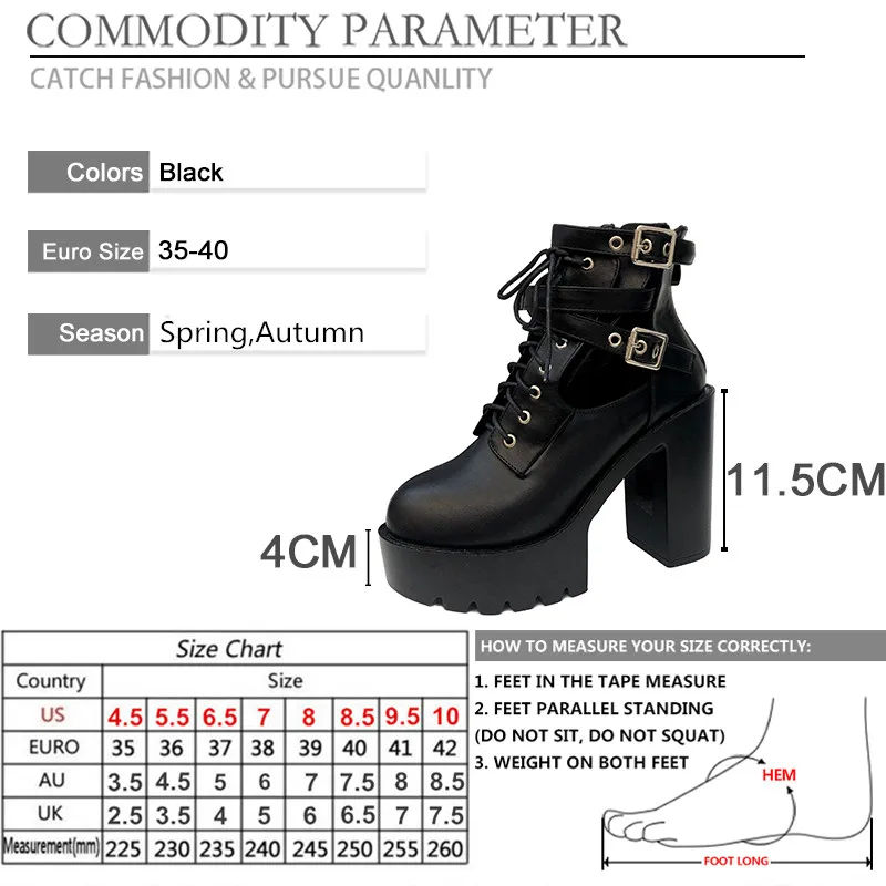 

BYQDY Metal Buckle High Heels Woman Boots Winter Shoes Lace Up Gothic Black Platform PU Leather Combat Ankle Boots Comfortable