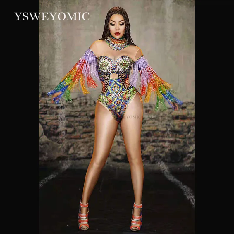 

Женский трико с бахромой, разноцветный танцевальный костюм для дня рождения, выпускного бала