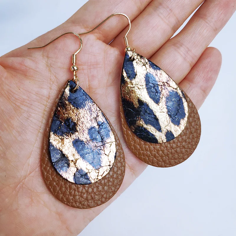 

Cpop Multilayer Glitter Genuine Leather Earring Water Drop Leopard Earring Fashion Jewelry Women Accessories Party Hot Sale Gift