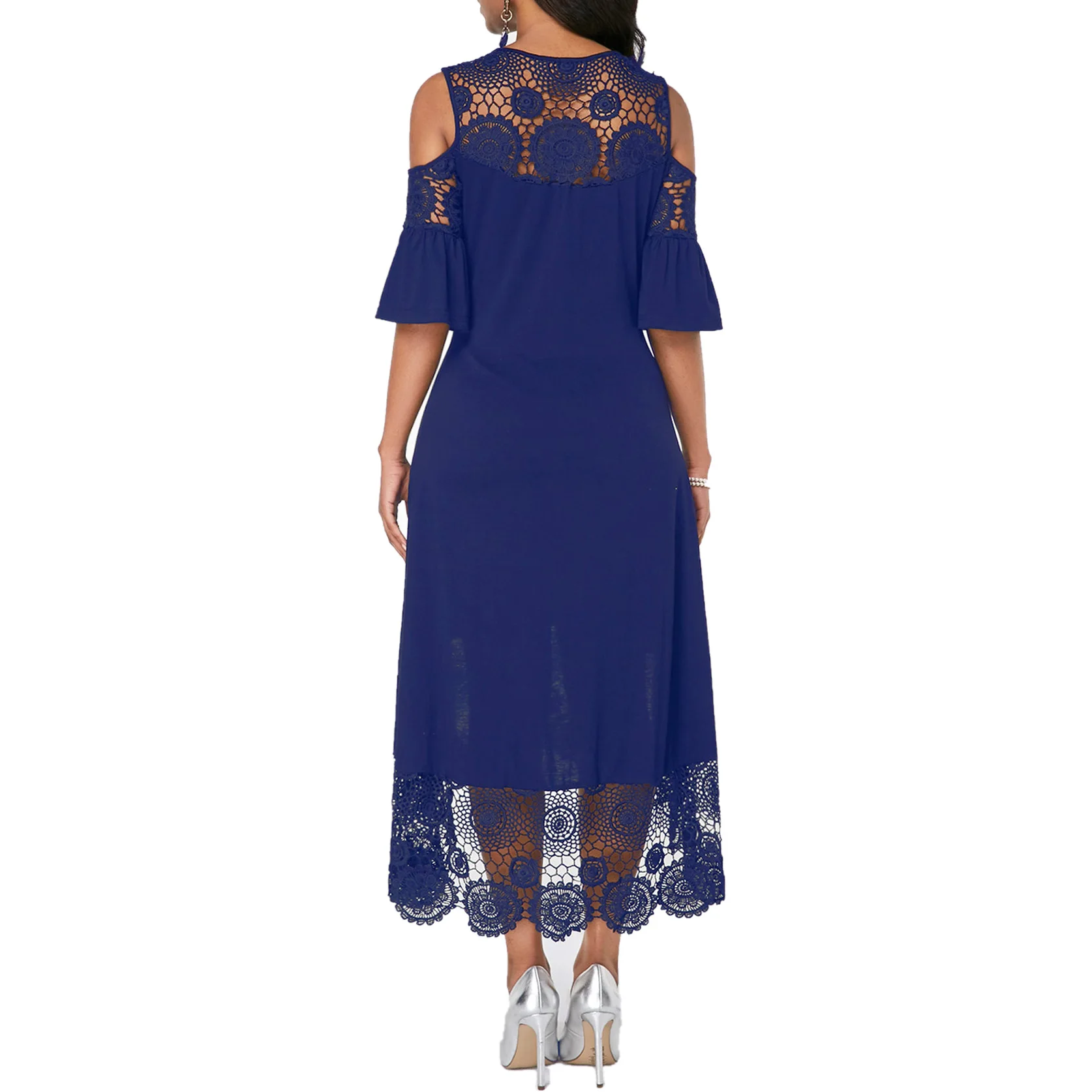 

2021 Women summer Dress Lace stitching Evening Party Summer Maxi Women Dress Large Ladies Short Sleeve Floral Elegant