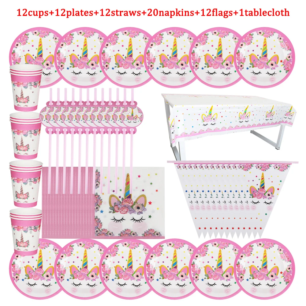 

Hot Sale Pink Unicorn Birthday Decoration Baby Shower Party Cup Plate Napkin Straws Flag Tablecloth Disposable Tableware 69Pcs
