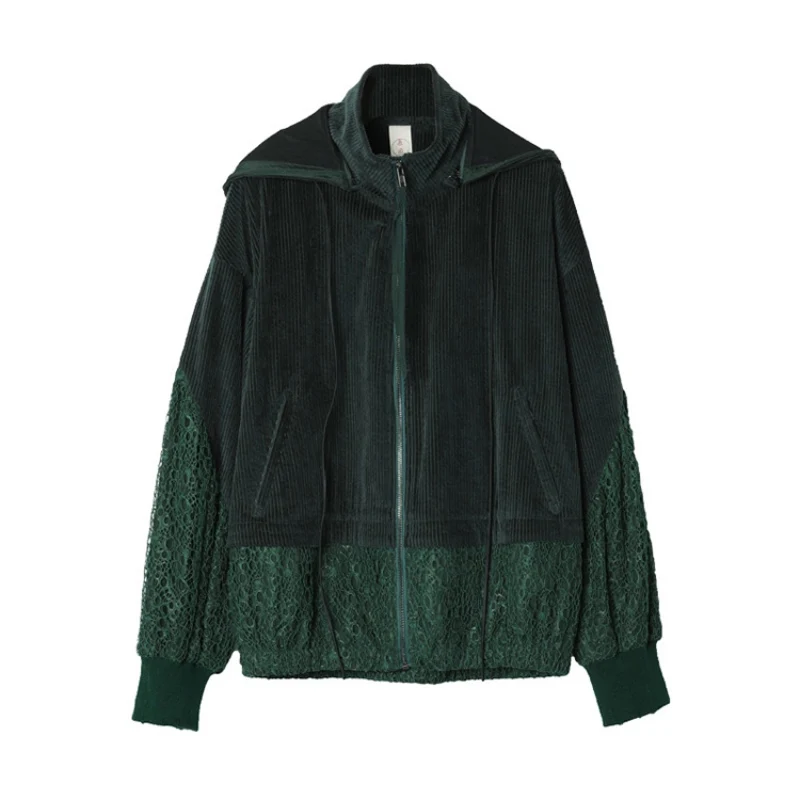 Dark Green IRINACH19 осень зима Новая коллекция кружева пэчворк с капюшоном оверсайз Вельветовая куртка для женщин - Цвет: Dark Green