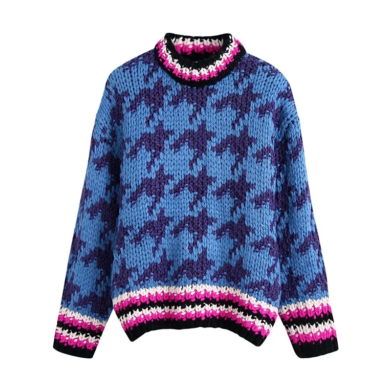 

TRAF 2021 Za Blue Sweater Women Vintage Jacquard Knitted Sweater Woman Autumn Winter Warm Long Sleeve Oversize Sweaters Pullover
