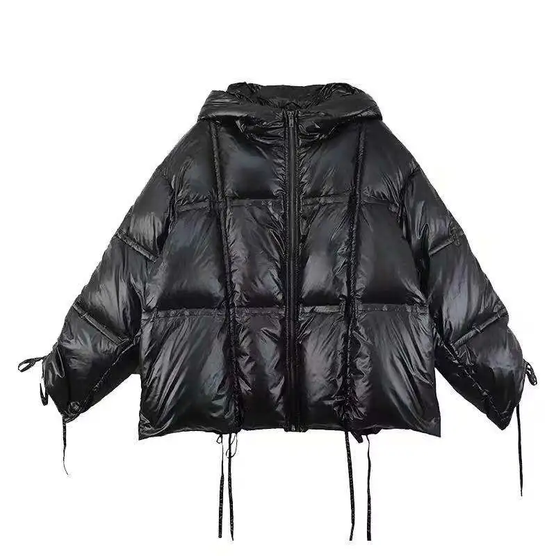 off-Season down Jacket Women's New Drawstring Loose Large Size Hooded Black Bread Coat Short Thickened Coat