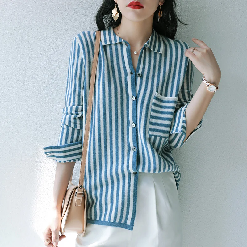 

Women's cardigan 2020 new striped knitted sweater women's clothes lapel plus size inde top cashmere wool hot sale